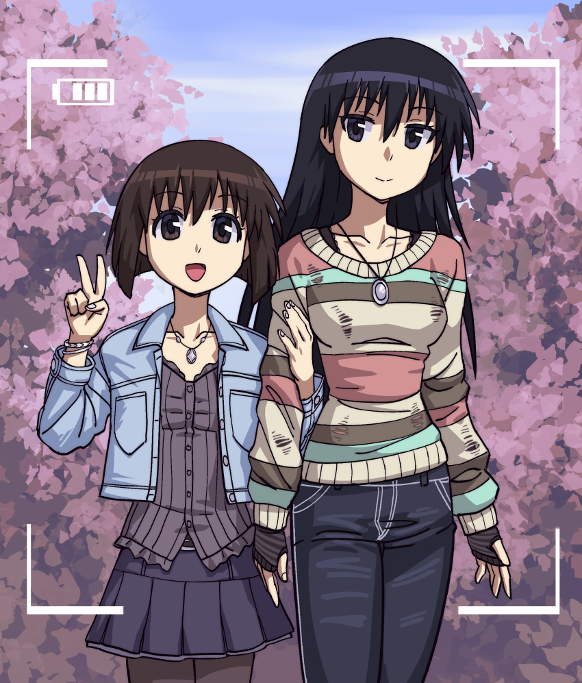 2girls, absurdres, azumanga_daioh, black_eyes, black_hair, bracelet, breasts, brown_eyes, brown_hair, cherry_blossoms, denim, denim_jacket, fingerless_gloves, gloves, hand_on_another's_arm, highres, jacket, jeans, jewelry, kaori_(azumanga_daioh), loberbutcher, long_hair, multiple_girls, necklace, pants, pantyhose, pleated_skirt, sakaki_(azumanga_daioh), short_hair, skirt, striped_clothes, striped_sweater, sweater, viewfinder, white_nails