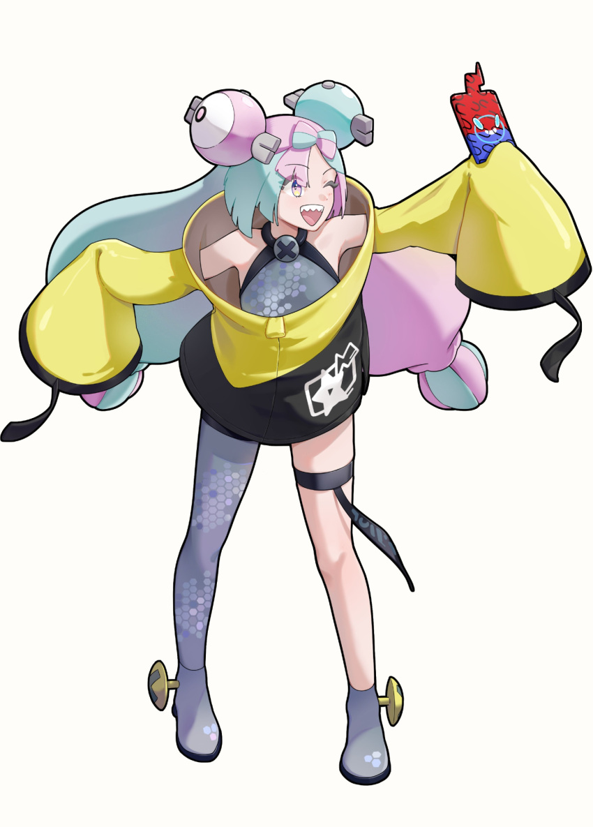 1girl, blue_hair, bow-shaped_hair, breasts, character_hair_ornament, commentary, criss-cross_halter, fake_hair_bun