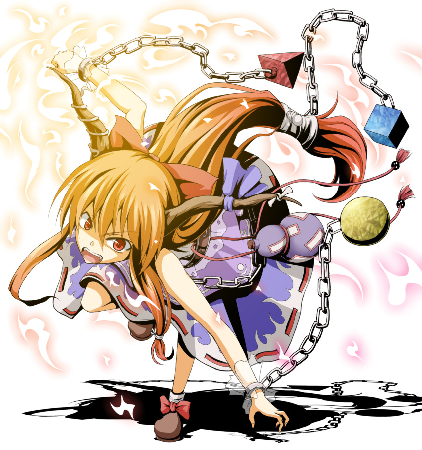 belt, blonde_hair, bottle, bow, chain, chains, fangs, flask_(artist)