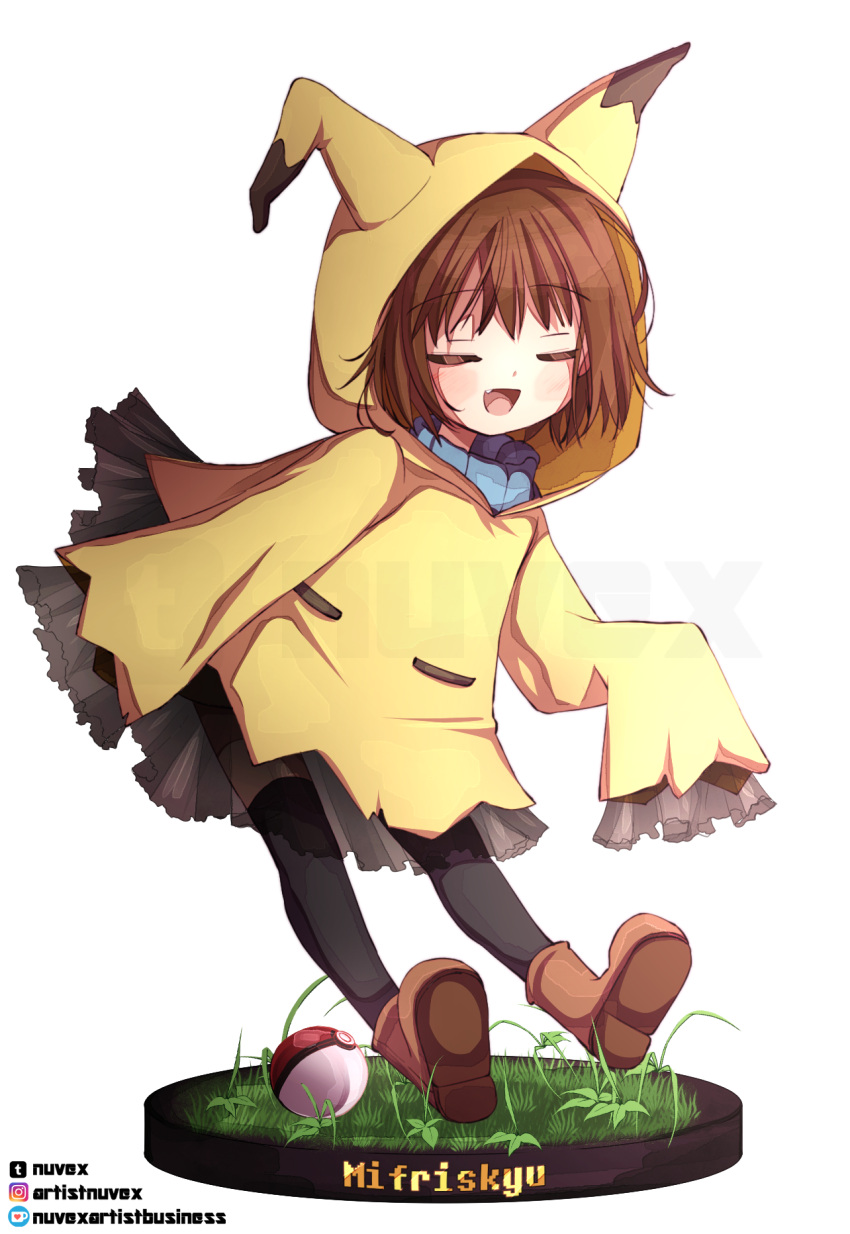 1other, :d, ankle_boots, arm_at_side, black_thighhighs, blue_sweater, boots, brown_boots