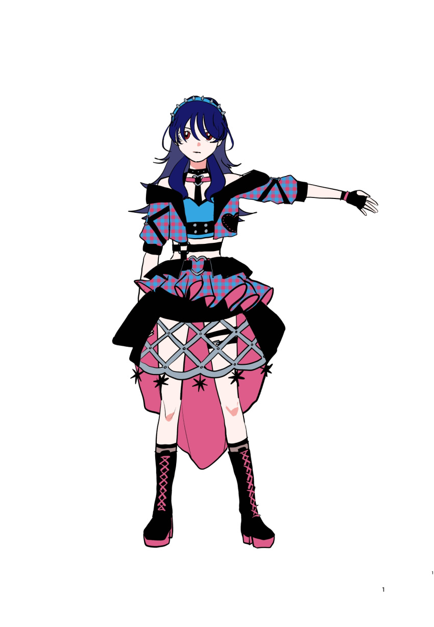 1girl, black_boots, black_gloves, black_skirt, blue_hair, blue_jacket, blue_shirt, boots