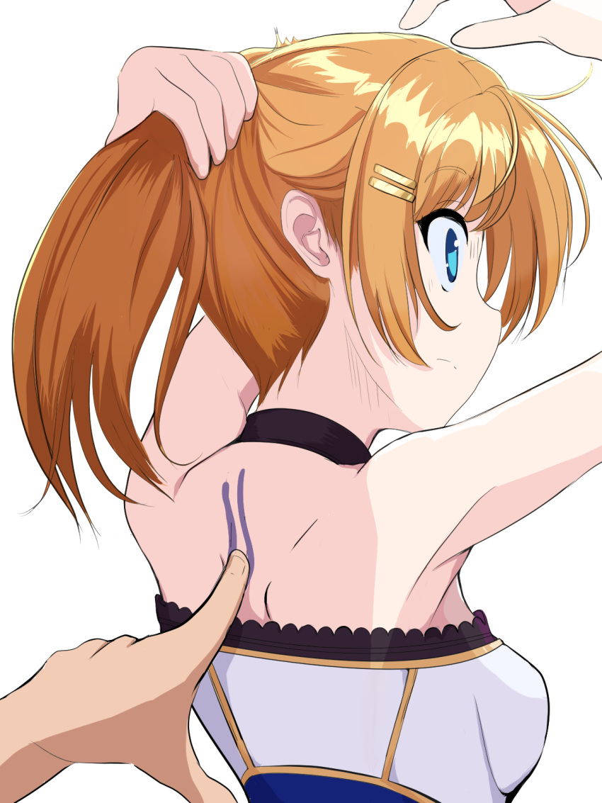 1girl, 1other, aig8654fez, alisa_(kamihime_project), arm_behind_head, arms_up, back, bare_shoulders