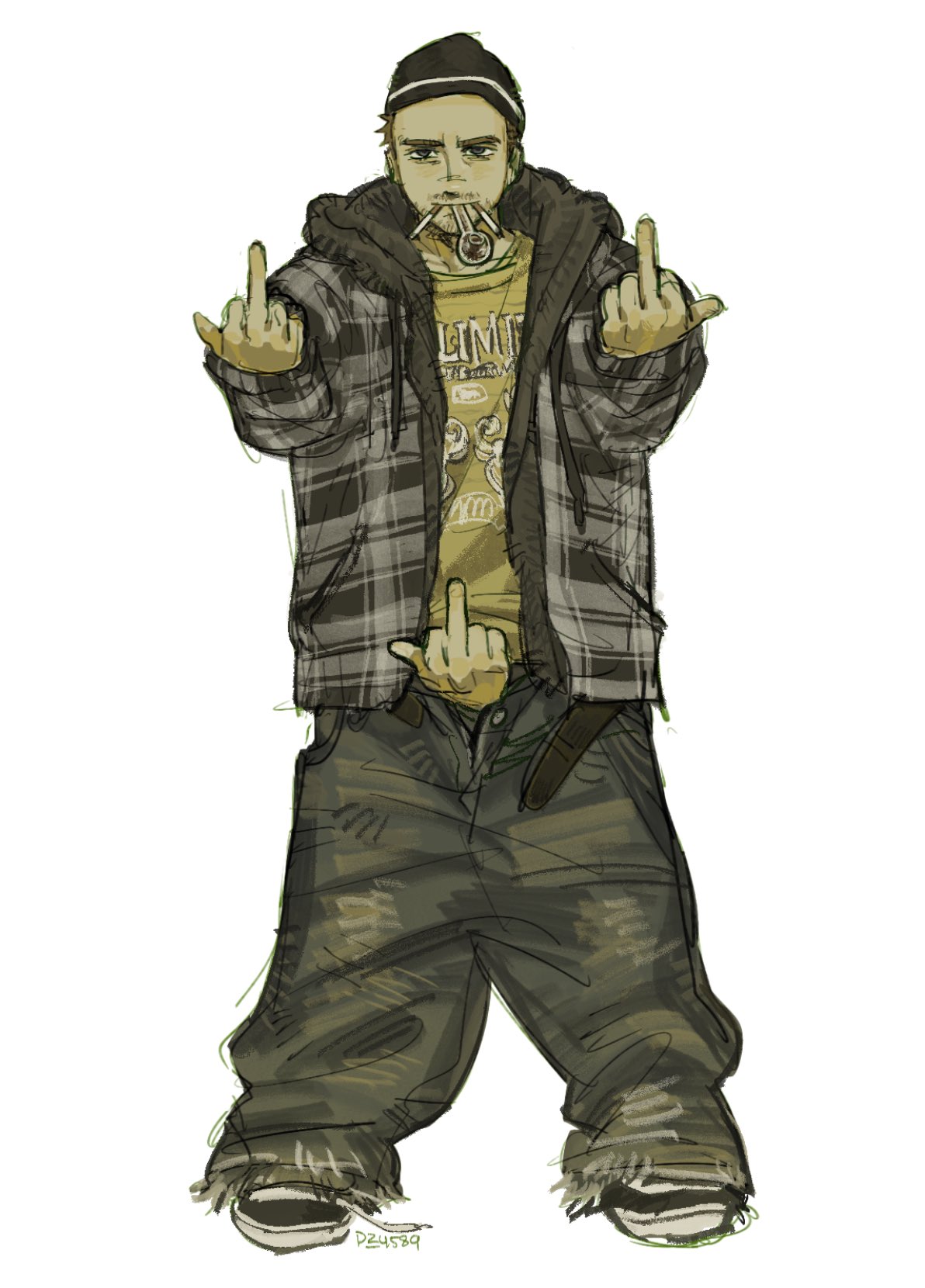1boy, baggy_clothes, baggy_pants, beard, belt, black_hat, breaking_bad, cigarette