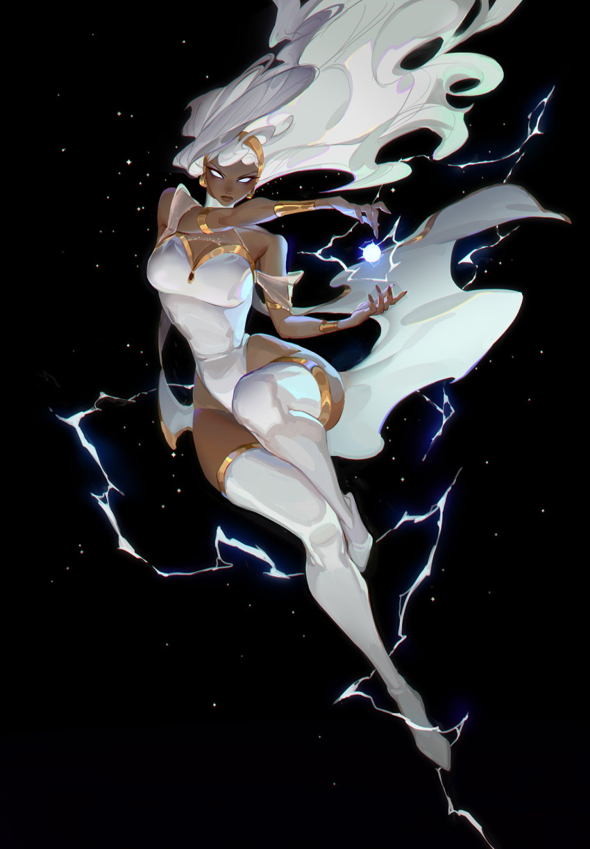 1girl, bare_shoulders, black_background, bluemist72, bodysuit, bracelet, commentary, curvy, dark-skinned_female, dark_skin, electricity, full_body, gold, gold_bracelet, gold_hairband, hair_flowing, hairband, highres, jewelry, marvel, narrow_waist, solo, storm_(x-men), thigh-highs, white_bodysuit, white_eyes, white_hair, white_thighhighs, x-men