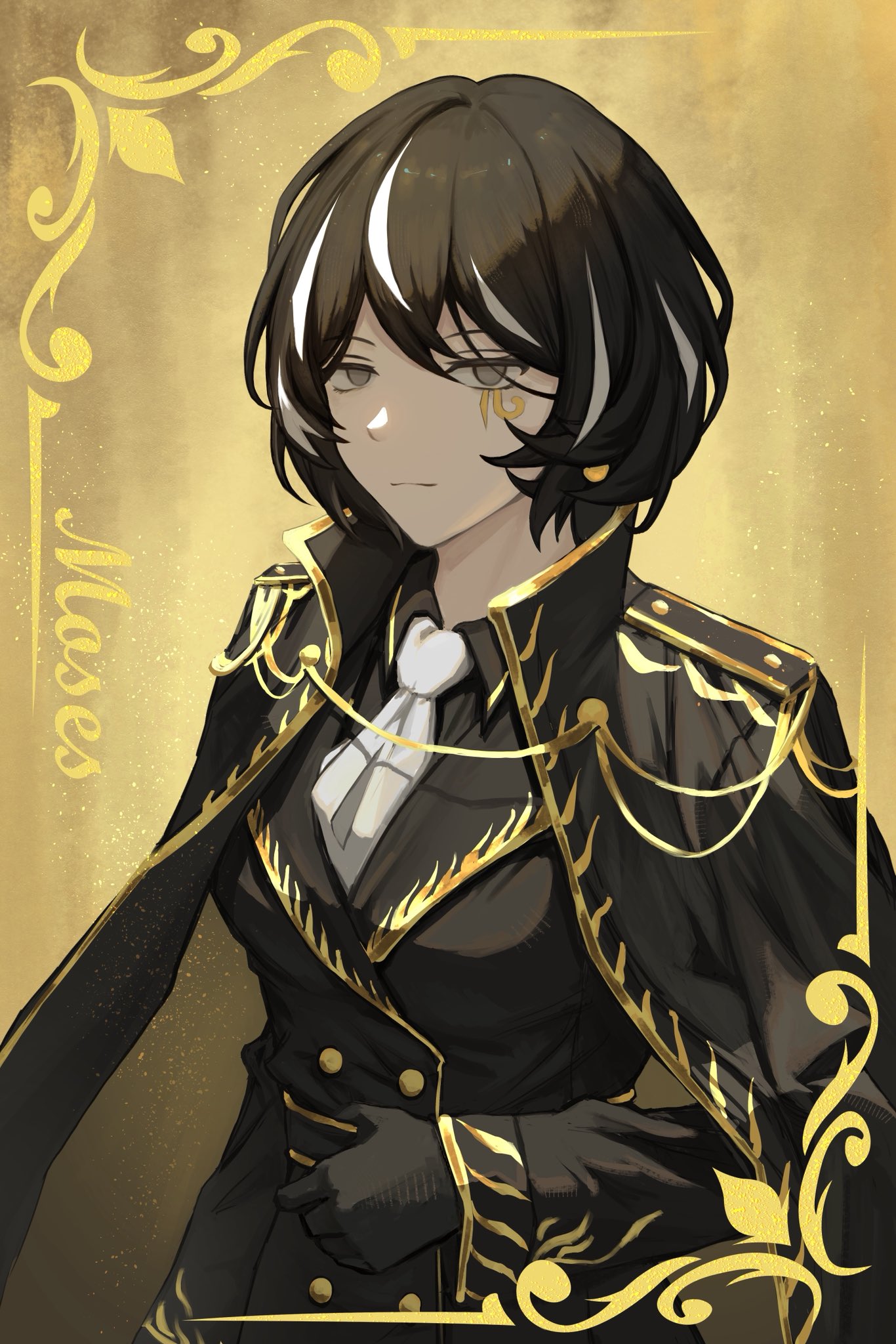 1girl, black_coat, black_gloves, black_hair, black_shirt, coat, commentary, eye_of_horus, gloves, gold_trim, grey_eyes, highres, looking_at_viewer, lucxie_233, moses_(project_moon), multicolored_hair, necktie, project_moon, shirt, short_hair, simple_background, solo, streaked_hair, the_distortion_detective, udjat_(project_moon), upper_body, white_necktie