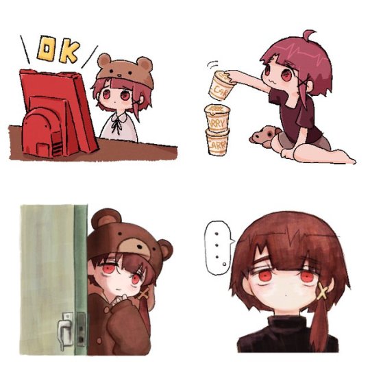 1girl, :3, ahoge, animal_hood, beanie, bear_hood, brown_hair, computer