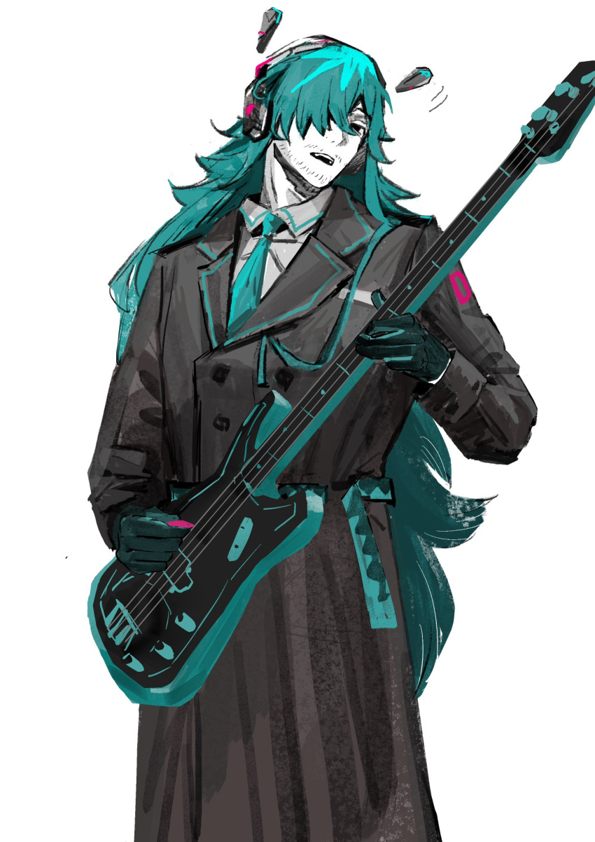 1boy, aqua_hair, aqua_necktie, black_coat, black_gloves, coat, collared_shirt, commentary