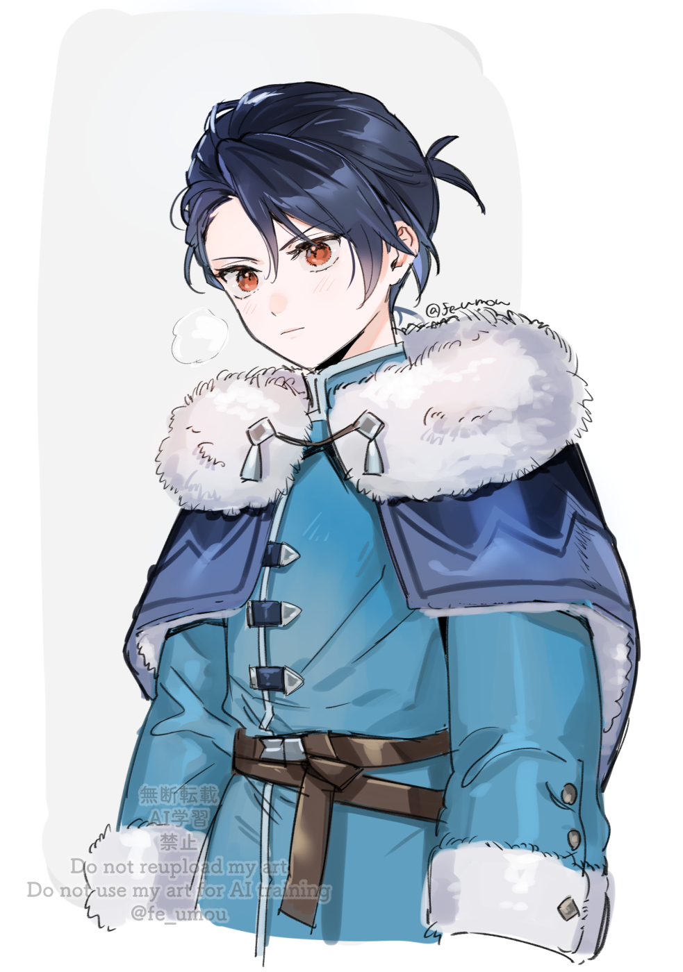 1boy, :|, aqua_coat, belt, black_hair, blue_capelet, border, brown_belt