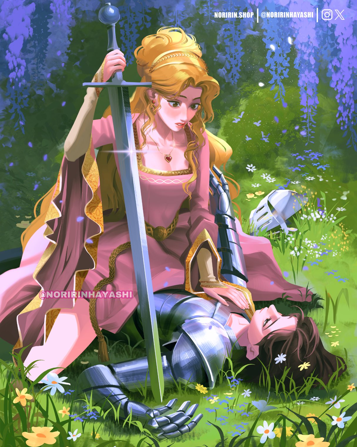 2girls, armor, artist_name, blonde_hair, brown_eyes, brown_hair, commentary, dress