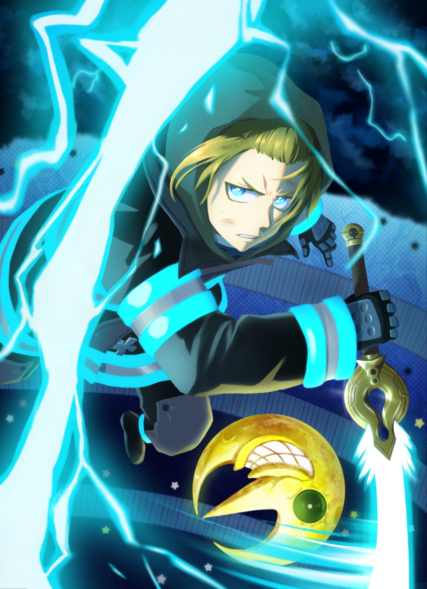1boy, arthur_boyle, black_gloves, black_jacket, blonde_hair, blue_eyes, bright_pupils, clenched_teeth