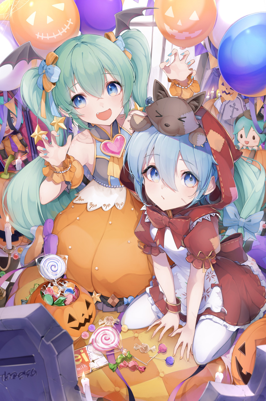 2girls, absurdres, aqua_eyes, aqua_hair, aqua_nails, balloon, bat_wings, blue_eyes