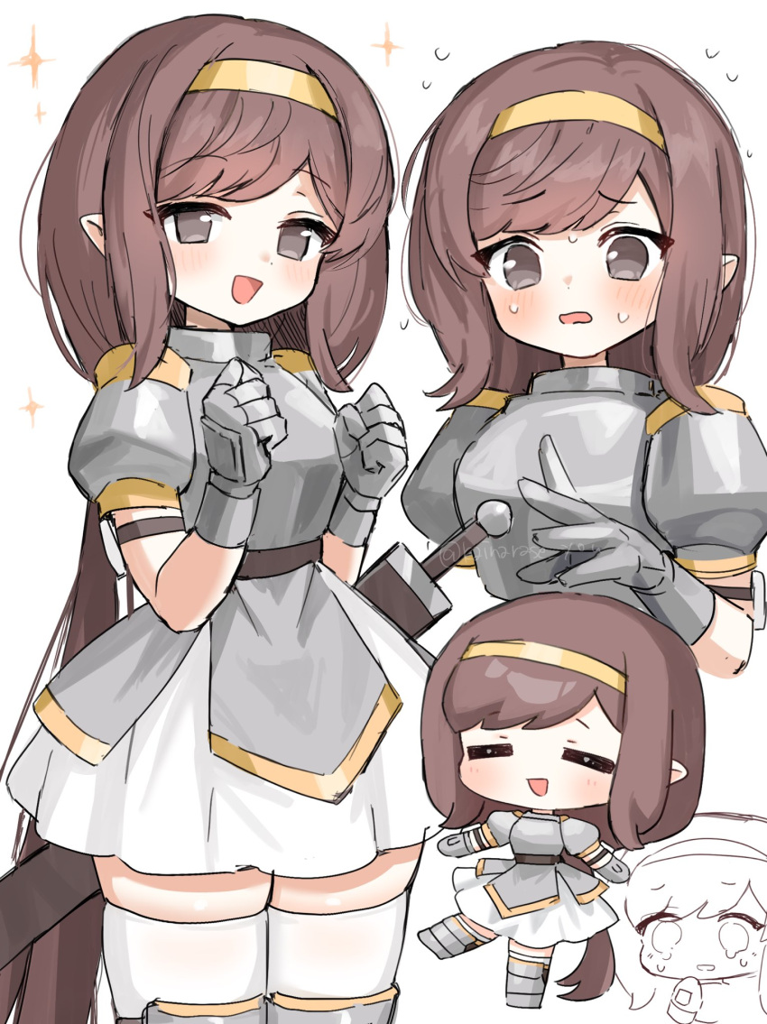 1girl, :d, =_=, armor, arms_up, blush, breastplate, brown_hair
