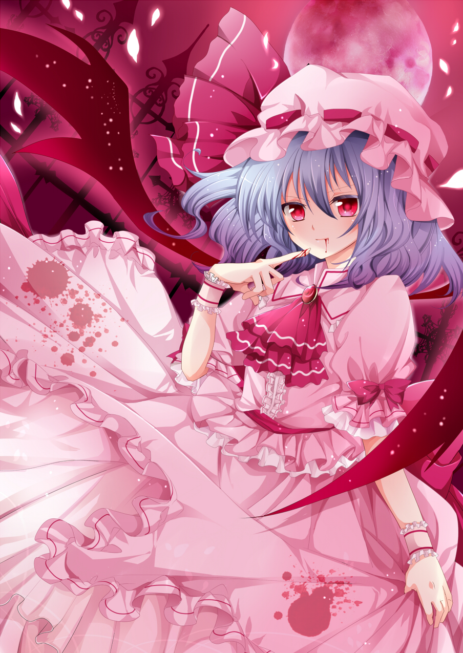 ascot, bat_wings, blood, blue_hair, bow, brooch, hat, highres