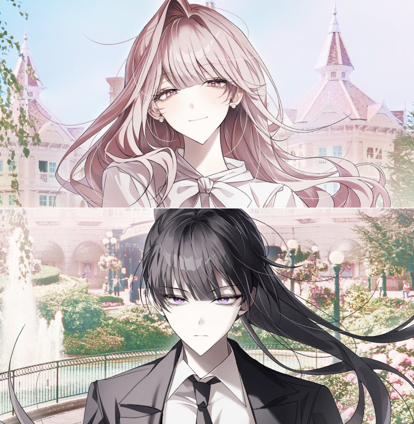 2girls, artist_request, black_hair, black_suit, brown_hair, building, closed_mouth, commentary_request