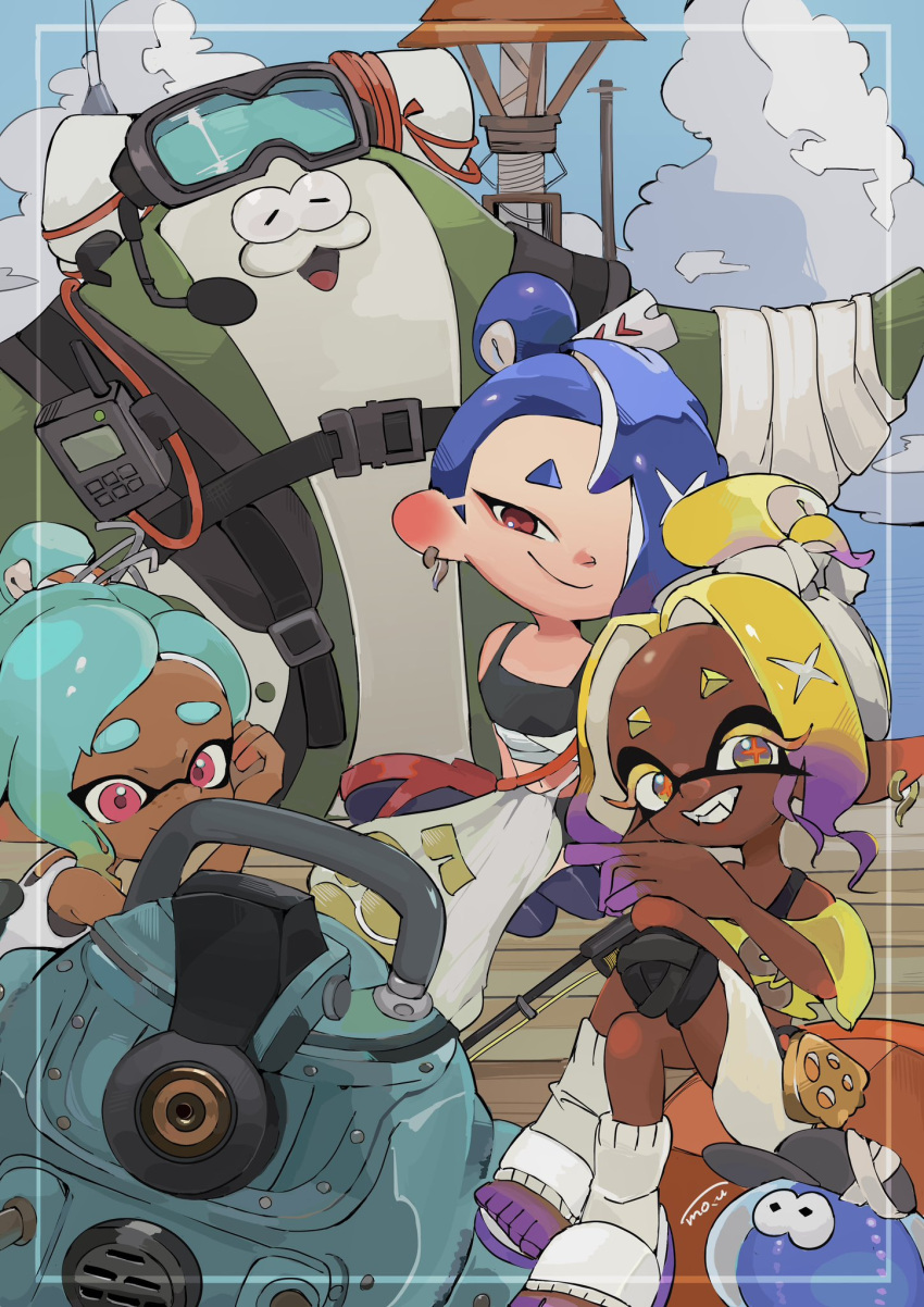 3girls, aqua_hair, big_man_(splatoon), blonde_hair, blue_hair, cephalopod_eyes, closed_mouth, colored_eyelashes