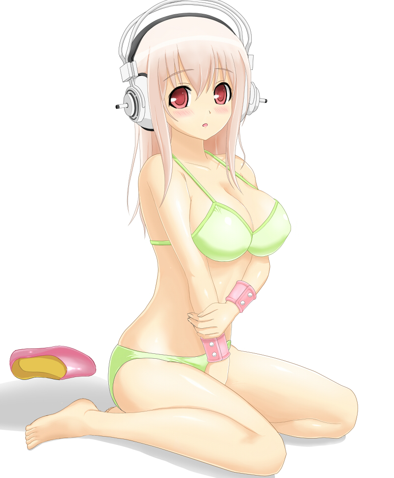 barefoot, bikini, blush, bra, breasts, cleavage, green_bikini, green_panties