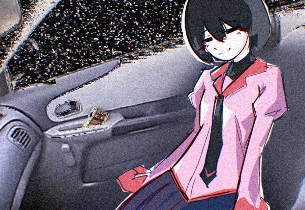androgynous, azmcch, black_hair, car, death_grips, guillotine_(death_grips), long_sleeves, monogatari_(series)