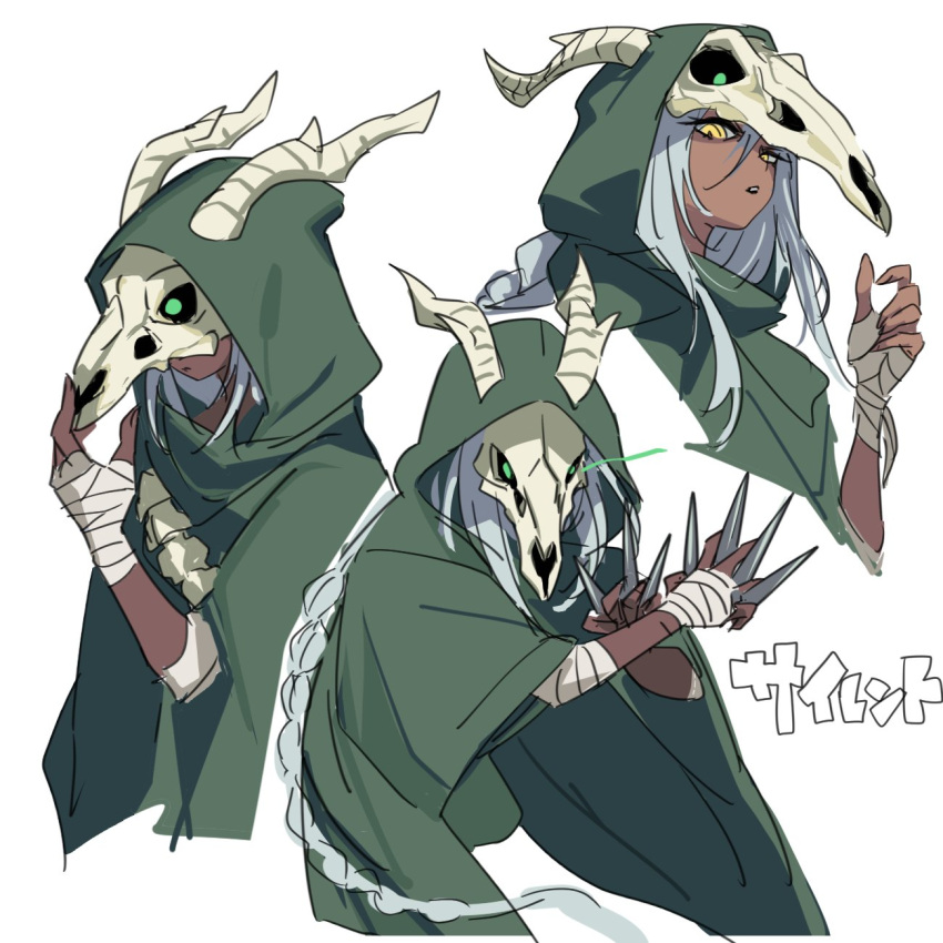 1girl, animal_skull, arm_wrap, bandages, between_fingers, cape, cloak, commentary_request, dagger, dark-skinned_female, dark_skin, green_eyes, grey_hair, highres, holding, holding_dagger, holding_knife, holding_weapon, knife, knives_between_fingers, long_hair, looking_at_viewer, mask, simple_background, skull_on_head, slay_the_spire, solo, the_silent_(slay_the_spire), waipiiy, weapon, white_hair, wrist_wrap
