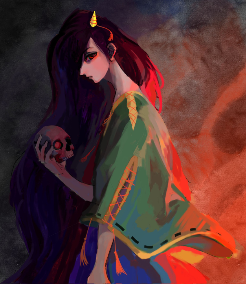 1girl, black_hair, blue_shorts, chinese_commentary, cone_horns, cyyyk, from_side, green_shirt