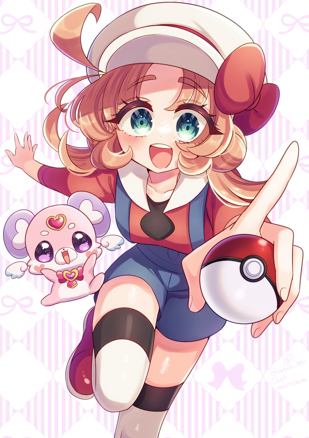 1girl, akechi_anna, blue_overalls, bow, commentary_request, cosplay, doroshii, double_bun, green_eyes, hair_bun, hat, hat_bow, highres, holding, holding_poke_ball, leg_up, long_sleeves, looking_at_viewer, loose_hair_strand, low_twintails, lyra_(pokemon), lyra_(pokemon)_(cosplay), medium_hair, meitantei_precure!, newsboy_cap, open_mouth, orange_hair, overall_shorts, overalls, partial_commentary, pochi-tan, poke_ball, poke_ball_(basic), pokemon, pokemon_heartgold_and_soulsilver, precure, red_bow, red_shirt, red_shoes, shirt, shoes, smile, solo, standing, standing_on_one_leg, thigh-highs, twintails, white_hat, white_thighhighs
