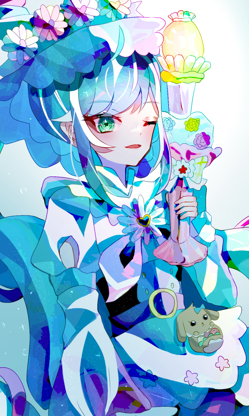 1girl, animal, animal_print, apron, aqua_eyes, aqua_hat, blue_corset, blue_flower