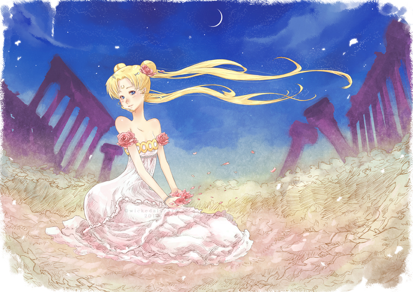bare_shoulders, bishoujo_senshi_sailor_moon, blonde_hair, crescent_moon, double_bun, dress, facial_mark, floating_hair, flower, forehead_mark, frilled_dress, frills, ian_olympia, long_hair, moon, petals, princess_serenity, red_rose, rose, rose_petals, ruins, sitting, sky, solo, tsukino_usagi, twintails, white_dress, wickedalucard, wind