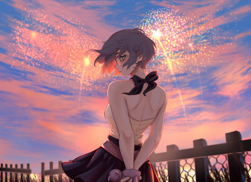absurdres, arms_behind_back, back, bare_shoulders, belt, black_bow, black_skirt, blue_eyes, blue_hair, bow, commentary, fireworks, glasses, hakamichi_shizune, highres, holding, holding_toy, katawa_shoujo, mk_oka, red_belt, short_hair, skirt, toy