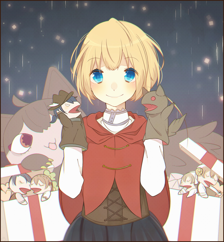 1girl, black_skirt, blonde_hair, blue_eyes, cape, character_doll, commentary_request, corset