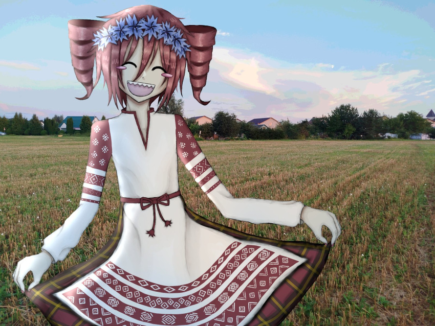 1girl, belarus, belarusian_clothes, blush, closed_eyes, clothes_lift, drill_hair, field, happy, head_wreath, highres, kasane_teto, morimori_1411, open_mouth, photo_background, red_hair, skirt, skirt_lift, solo, teeth, twin_drills, utau