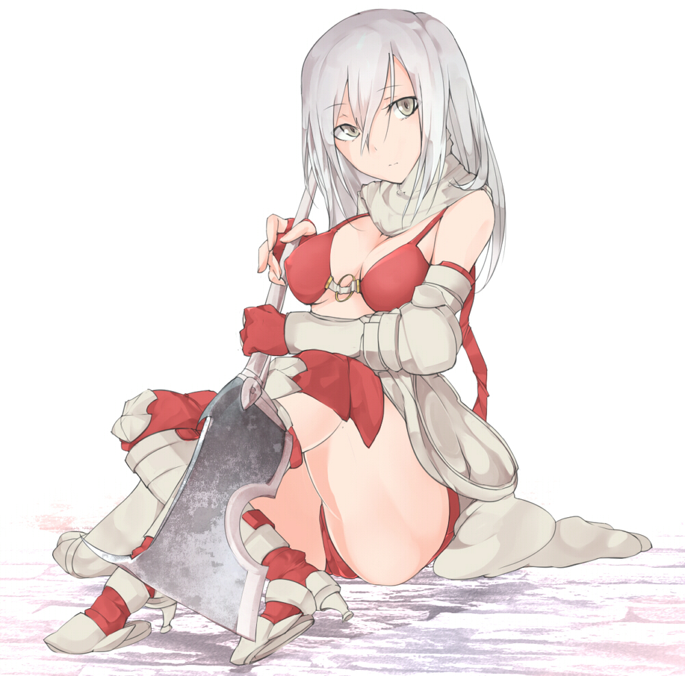 cleaver, fingerless_gloves, gloves, greaves, grey_eyes, long_hair, mechanic_(ragnarok_online), o-ring_top