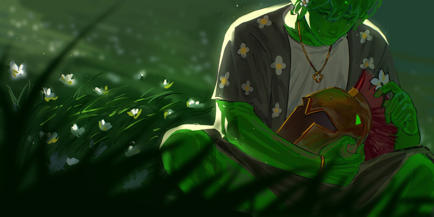1boy, averythemayo, backlighting, black_shirt, closed_eyes, colored_skin, crossed_legs, crying