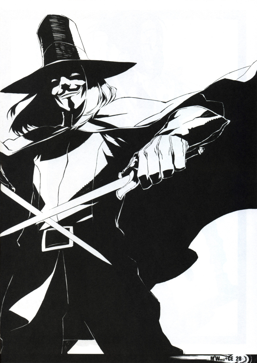 1boy, absurdres, belt, black_hat, cape, commentary, dagger, dual_wielding