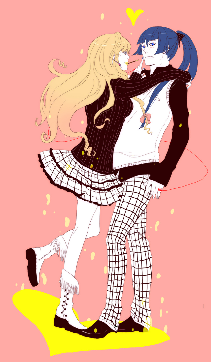 1girl, blonde_hair, blue_eyes, blue_hair, couple, heart, highres, long_hair