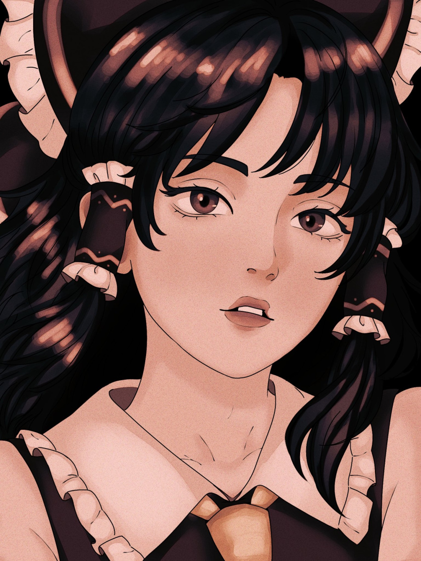 1girl, alt_text, ascot, bare_shoulders, black_background, black_hair, bow, brown_eyes