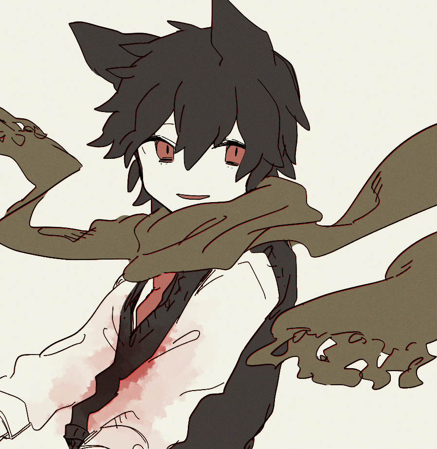 1boy, animal_ears, black_hair, commentary_request, jiche, little_red_hood, necktie, red_eyes, scarf, shirt, shuntaro_(tya_nya0000), simple_background, sketch, sweater_vest, upper_body, white_background, white_shirt, wolf_ears