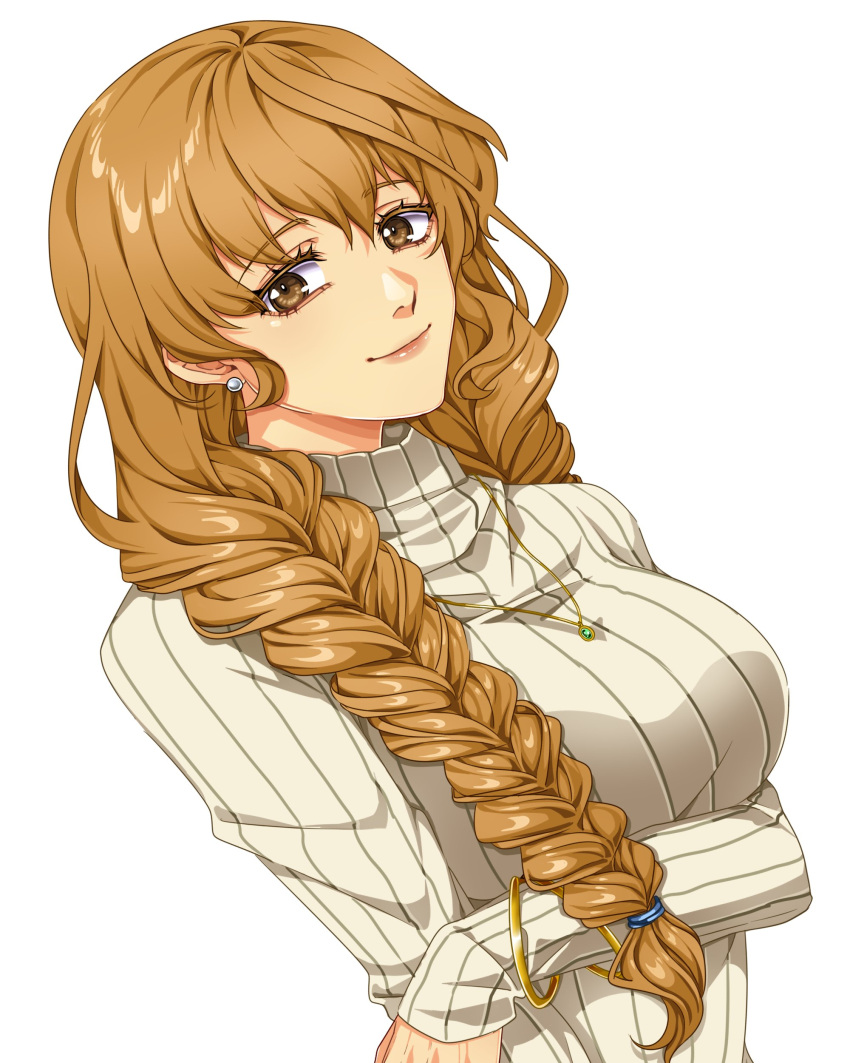 1girl, absurdres, ao_no_kiseki, bracelet, braid, breasts, brown_eyes, brown_hair, cecile_neues, commentary, earrings, eiyuu_densetsu, gem, green_gem, hair_tie, hand_on_own_arm, hand_on_own_elbow, highres, jewelry, long_hair, long_sleeves, looking_at_viewer, necklace, nurse, pearl_earrings, simple_background, single_braid, smile, sweater, white_background, white_sweater, yuzukiyo, zero_no_kiseki
