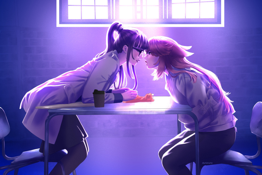 2girls, alternate_costume, alternate_universe, animal_ears, asylum_(location), bent_over, black_pantyhose, blunt_bangs, chair, coat, commentary, cosplay, couple, dc_comics, doctor, dunoruno, fox_ears, fox_girl, from_side, genshin_impact, glasses, hair_between_eyes, harley_quinn, harley_quinn_(cosplay), heads_together, high_ponytail, highres, indoors, joker_(dc), joker_(dc)_(cosplay), leaning_forward, long_hair, long_sleeves, looking_at_another, multicolored_hair, multiple_girls, on_chair, pants, pantyhose, parted_lips, pink_hair, ponytail, purple_background, purple_hair, raiden_shogun, scene_reference, straitjacket, streaked_hair, suicide_squad, suicide_squad_(2016_movie), sunlight, table, upper_body, violet_eyes, white_coat, window, yae_miko, yuri