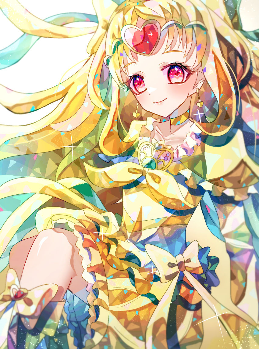 1girl, blonde_hair, boots, bow, bowtie, brooch, bubble_skirt, capelet, choker, circlet, closed_mouth, collarbone, commentary_request, cure_muse_(yellow), dot_nose, earrings, eyelashes, feet_out_of_frame, floating_hair, footwear_bow, forehead_jewel, frilled_capelet, frilled_skirt, frills, gem, gold_earrings, hair_bow, happy, heart, heart-shaped_gem, heart_brooch, heart_earrings, highres, jewelry, knees_up, light_blush, light_particles, lips, long_hair, long_sleeves, magical_girl, miniskirt, narumi_kanata, precure, red_eyes, red_gem, shirabe_ako, shirt, simple_background, sitting, skirt, smile, solo, sparkle, suite_precure, very_long_hair, waist_bow, white_background, yellow_boots, yellow_bow, yellow_bowtie, yellow_capelet, yellow_choker, yellow_shirt, yellow_skirt