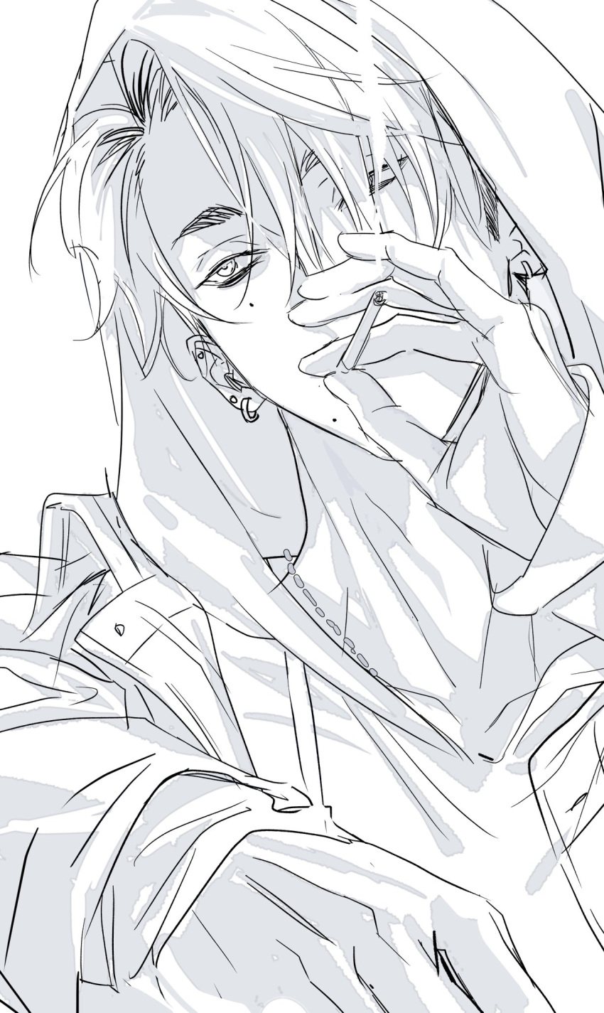 1boy, cigarette, collarbone, dog_tags, ear_piercing, earrings, greyscale, gyou_chin