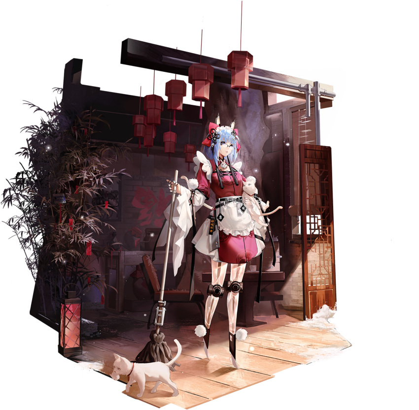 1girl, android, animal, apron, artist_request, bamboo, belt, black_belt