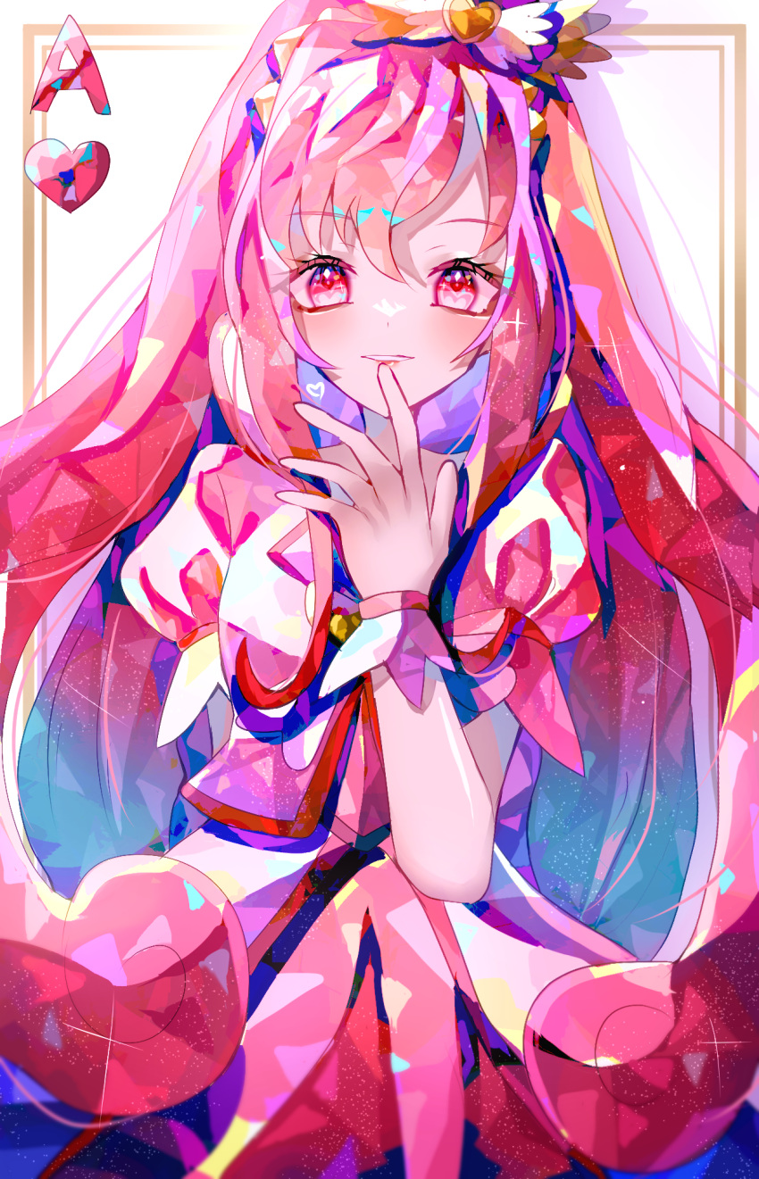 1girl, ace_(playing_card), ace_of_hearts, bow, card, card_(medium), collared_vest, commentary_request, cowboy_shot, cure_ace, curly_hair, dokidoki!_precure, dot_nose, dress, eyelashes, eyes_visible_through_hair, feather-trimmed_bow, frilled_sleeves, frills, hair_between_eyes, hair_bow, hair_ornament, hairband, hand_on_own_chin, happy, heart, heart_hair_ornament, highres, lapels, light_blush, light_particles, lipstick, long_hair, madoka_aguri, magical_girl, makeup, narumi_kanata, notched_lapels, open_clothes, open_vest, parted_lips, pink_lips, playing_card, playing_card_(medium), precure, puffy_short_sleeves, puffy_sleeves, red_dress, red_eyes, red_hair, shadow, short_sleeves, smile, solo, sparkle, standing, teeth, very_long_hair, vest, white_background, white_bow, white_vest, white_wrist_cuffs, wrist_cuffs, yellow_hairband