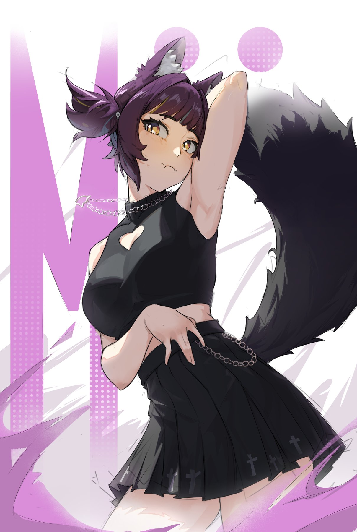 1girl, animal_ear_fluff, animal_ears, arkanis, blonde_streaks, blunt_bangs, brown_hair, cat_ears