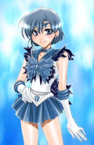 1girl, bishoujo_senshi_sailor_moon, black_hair, blue_eyes, dark_mercury, evil_smile, hand_on_own_hip, looking_at_viewer