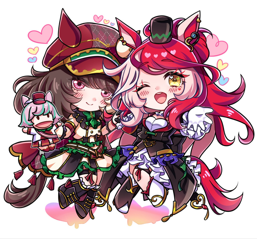 2girls, animal_ears, asymmetrical_footwear, asymmetrical_gloves, black_boots, black_jacket, blush, boots, bow, breasts, brown_hair, cape, chibi, closed_mouth, commentary_request, ear_covers, ears_through_headwear, facial_mark, gloves, green_bow, hair_between_eyes, hair_ornament, hand_puppet, hat, heart, heart_facial_mark, heart_on_cheek, highres, horse_ears, horse_girl, horse_tail, inairego116, jacket, long_hair, looking_at_viewer, loves_only_you_(9927_wishes)_(umamusume), loves_only_you_(umamusume), marche_lorraine_(umamusume), mini_hat, mini_top_hat, mismatched_ear_covers, mismatched_footwear, multicolored_hair, multiple_girls, one_eye_closed, open_mouth, puppet, red_cape, red_hair, short_hair, skirt, smile, tail, teeth, thigh_strap, top_hat, umamusume, upper_teeth_only, violet_eyes, white_boots, white_jacket, white_skirt, yellow_eyes