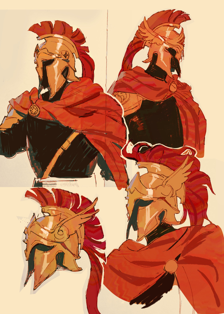 1boy, absurdres, armor, cape, covered_face, d3rlord3, galea_helmet, helmet