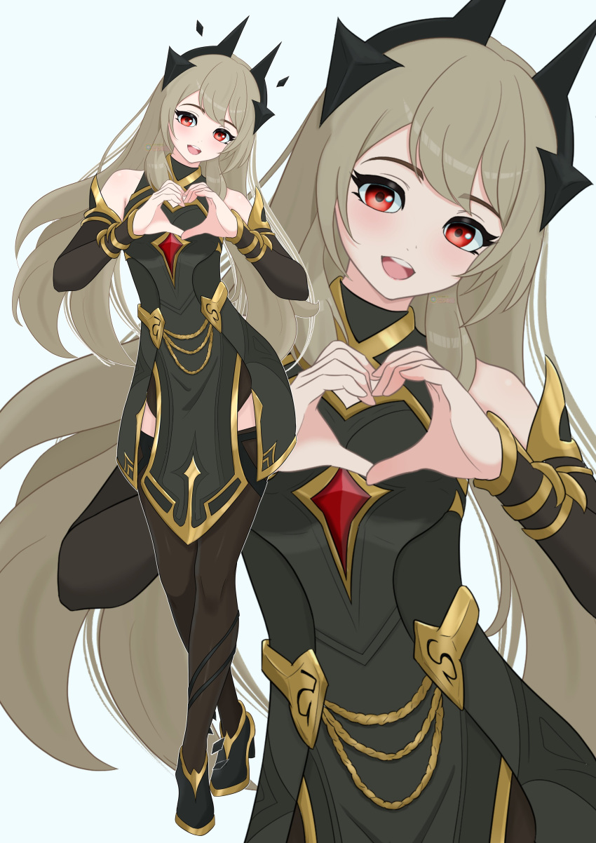 1girl, absurdres, bare_shoulders, black_sleeves, black_thighhighs, clothing_cutout, commentary_request, crossed_legs, detached_sleeves, fake_horns, fortnite, full_body, futatunoniji, grey_hair, hairband, head_tilt, heart, heart_hands, high_heels, highres, horns, lexa_(fortnite), long_hair, looking_at_viewer, mismatched_eyebrows, official_alternate_costume, open_mouth, pelvic_curtain, princess_lexa, sidelocks, simple_background, smile, solo, thigh-highs, thighs, very_long_hair, watson_cross, zettai_ryouiki, zoom_layer