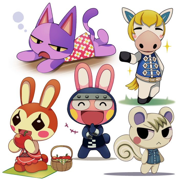 animal_crossing, apple, basket, bayachao, bob_(animal_crossing), bunnie_(animal_crossing), cat, colton_(animal_crossing), commentary_request, eating, food, fruit, horse, marshal_(animal_crossing), ninja, rabbit, snake_(animal_crossing), squirrel, white_background