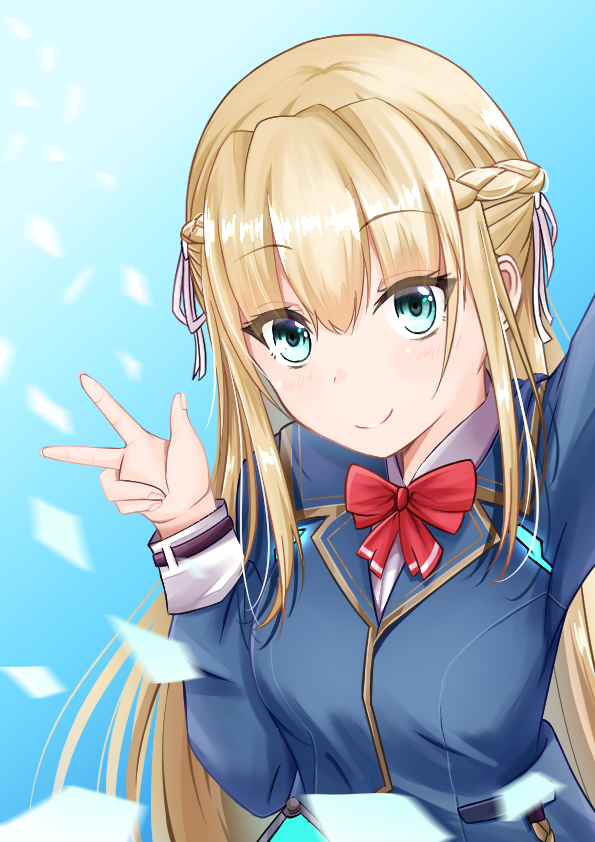 1girl, blonde_hair, blue_eyes, bow, bowtie, braid, commentary_request, hair_ribbon
