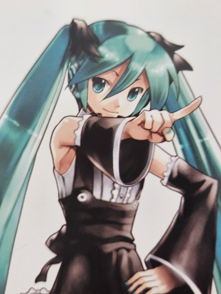 1girl, absurdres, alternate_costume, aqua_eyes, aqua_hair, artist_request, commentary, detached_sleeves, hatsune_miku, hatsune_miku_(gothic_module), headphones, highres, pointing, pointing_at_viewer, solo, third-party_source, twintails, vocaloid