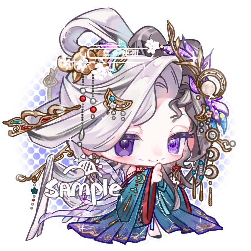 1girl, bare_shoulders, black_hair, blue_hanfu, bow-shaped_hair, chibi, chinese_clothes, chinese_commentary